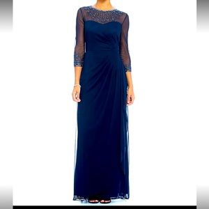 Alex Evenings Long Beaded Illusion Neck 3/4 Sleeve Ruched Petite Dress